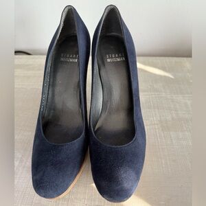 Stuart Weitzman Navy Suede Pumps Classic Block Design 7M